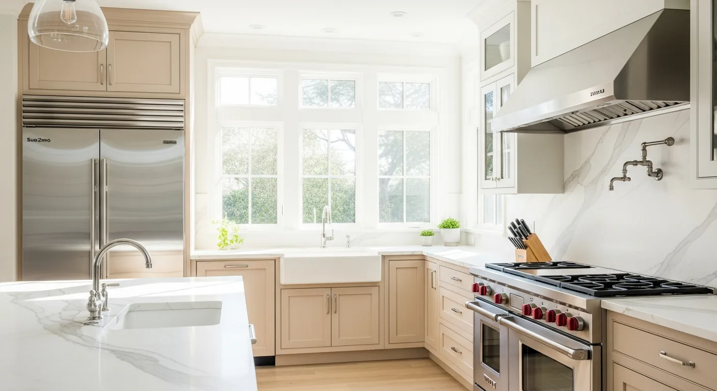 Luxury Orange County kitchen with Sub-Zero built-in refrigeration and Wolf professional range